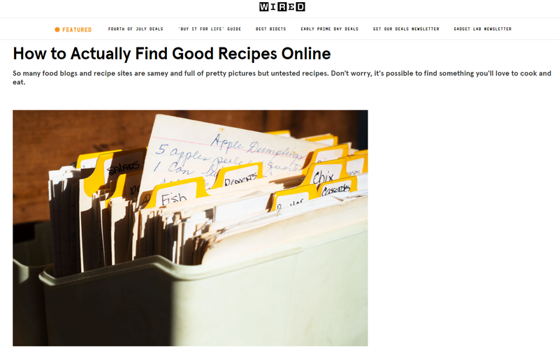An article by Peggy Paul Casella for WIRED Magazine about finding good recipes online.